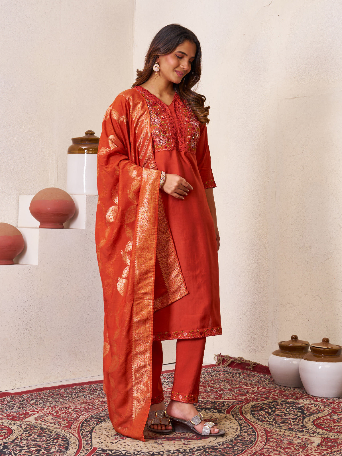 Roman Silk Embroidered Kurta with Pant and Maslin Jacquard Dupatta Set