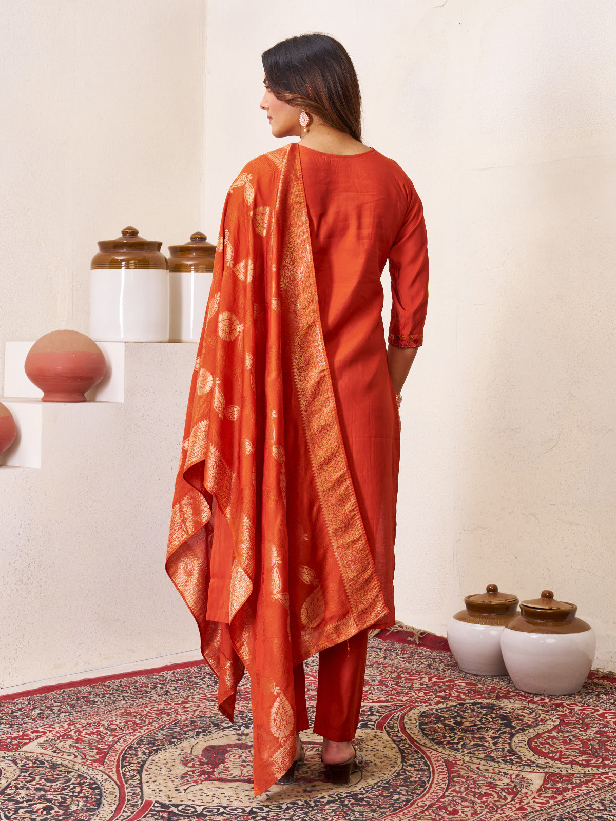 Roman Silk Embroidered Kurta with Pant and Maslin Jacquard Dupatta Set
