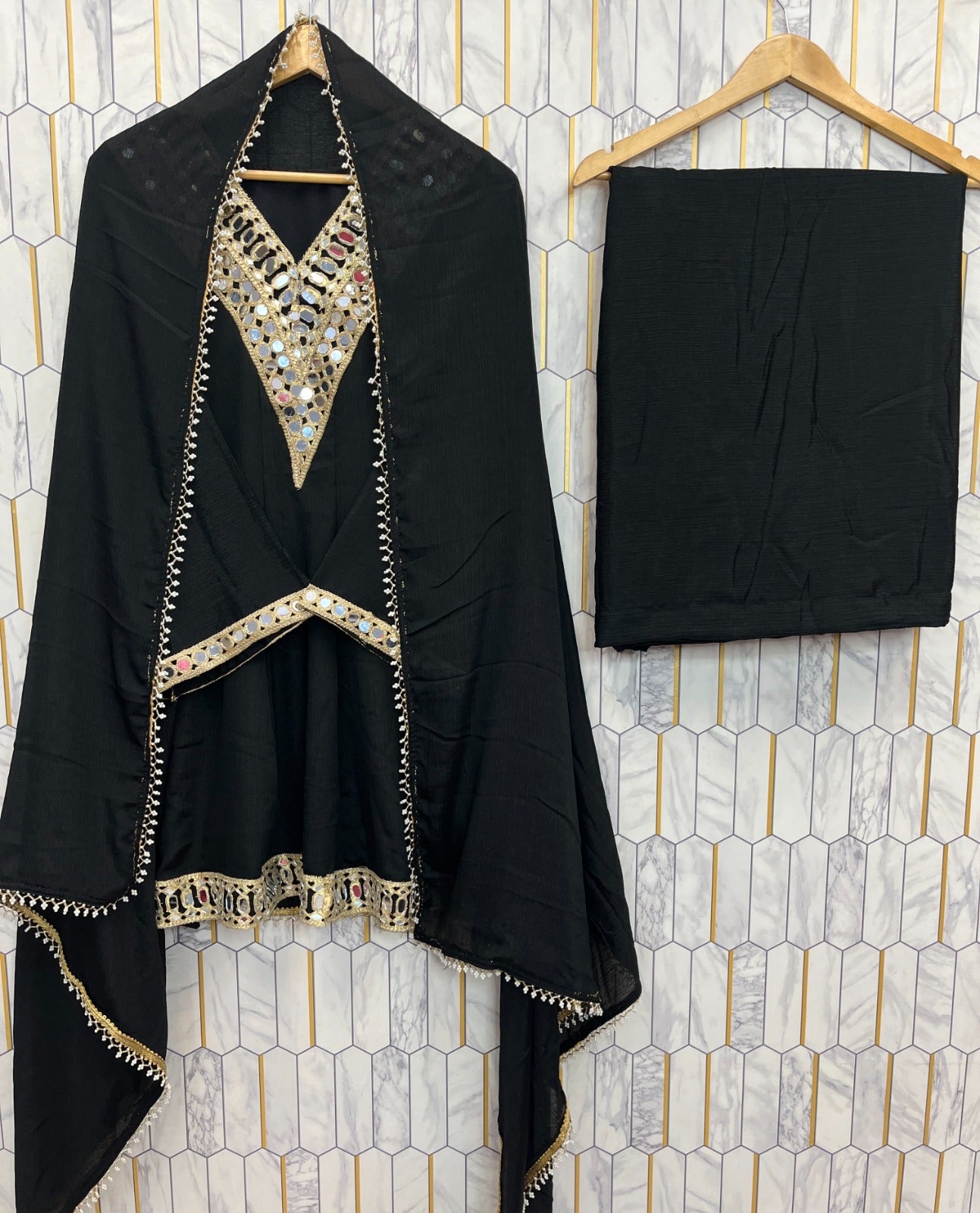 Real Mirror Work Chinon Silk Top, Plazzo & Dupatta Set