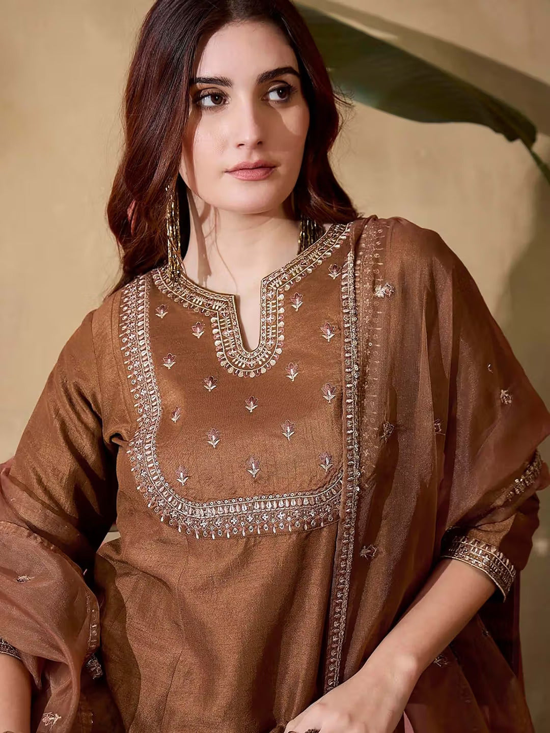 Vichitra Silk Embroidered Kurti, Pant & Dupatta Set