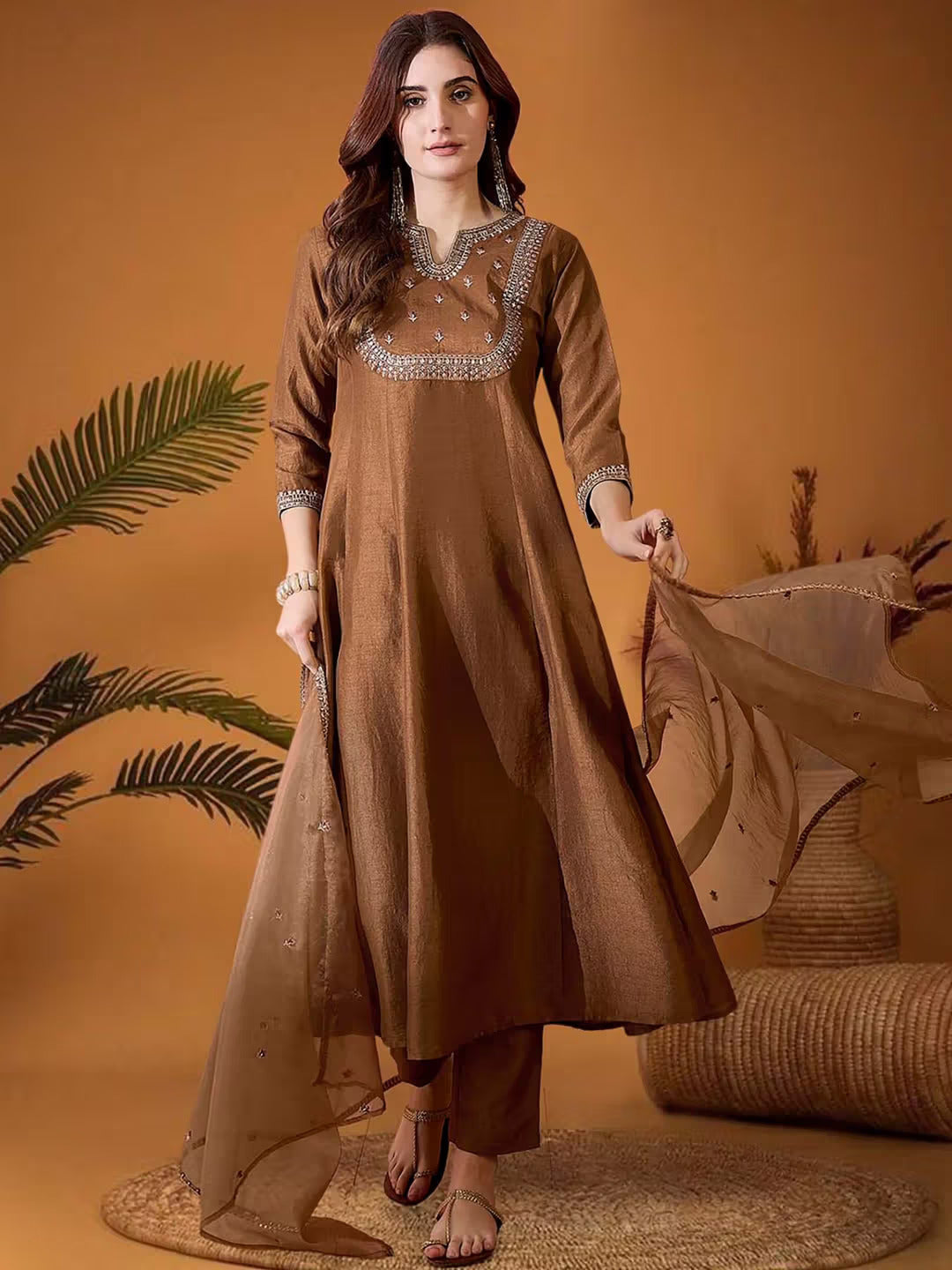 Vichitra Silk Embroidered Kurti, Pant & Dupatta Set