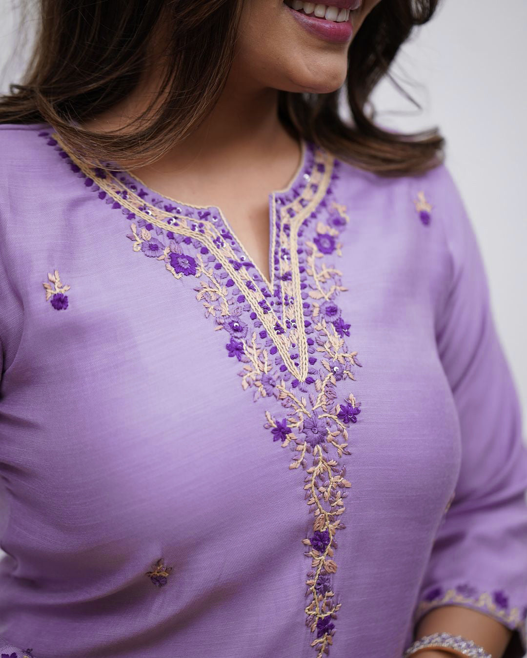 Rayon Slub Embroidered Kurti Pant Set with Chanderi Cotton Dupatta