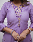 Rayon Slub Embroidered Kurti Pant Set with Chanderi Cotton Dupatta