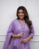 Rayon Slub Embroidered Kurti Pant Set with Chanderi Cotton Dupatta