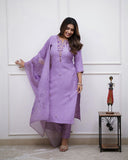 Rayon Slub Embroidered Kurti Pant Set with Chanderi Cotton Dupatta