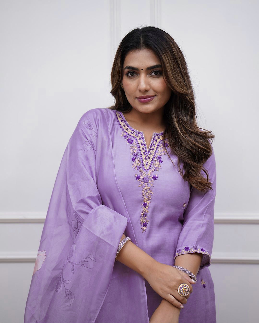 Rayon Slub Embroidered Kurti Pant Set with Chanderi Cotton Dupatta