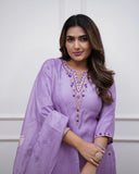 Rayon Slub Embroidered Kurti Pant Set with Chanderi Cotton Dupatta