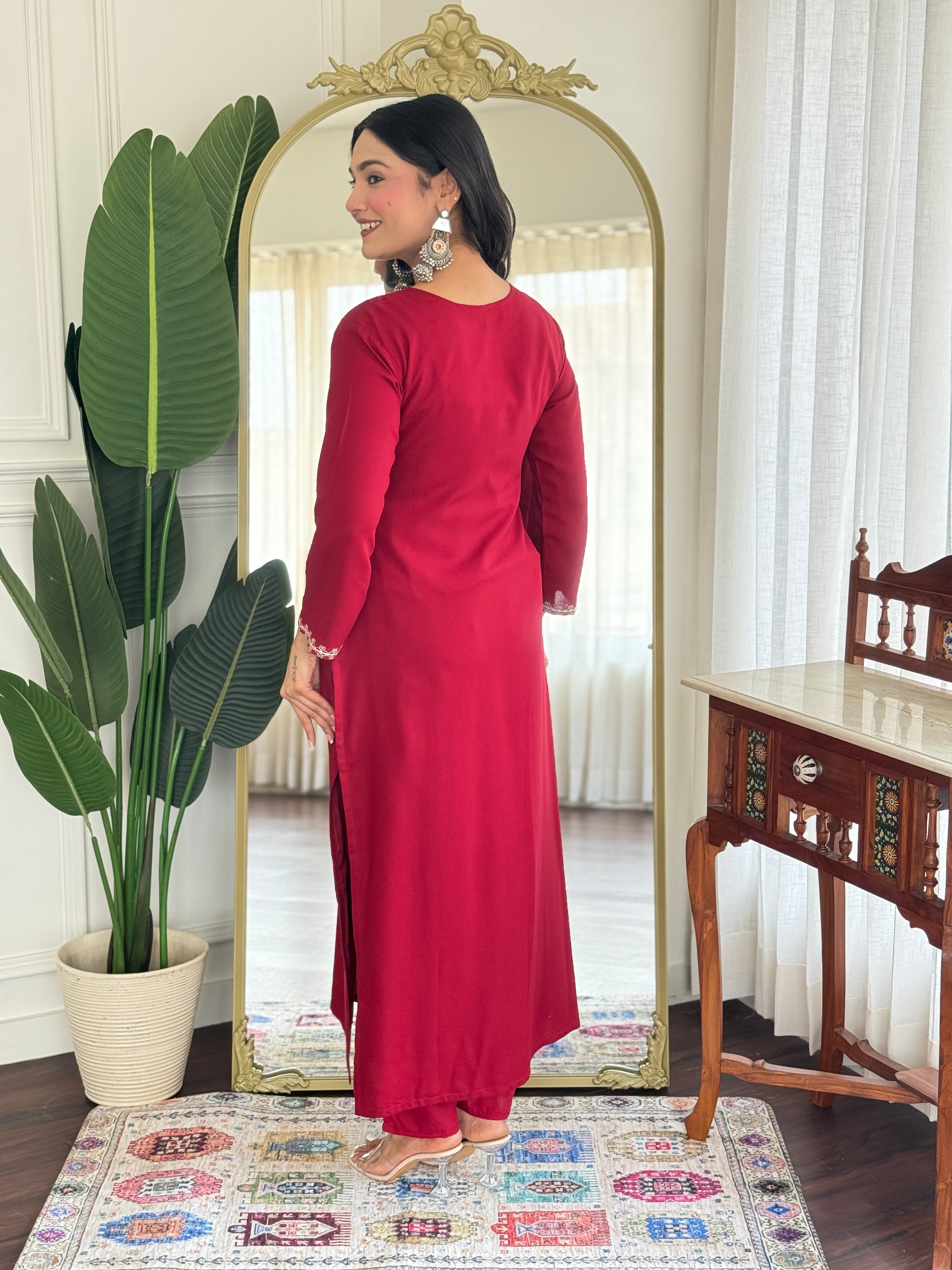 Pure Viscose Rayon Embroidered Straight Kurta Set with Pant & Printed Dupatta