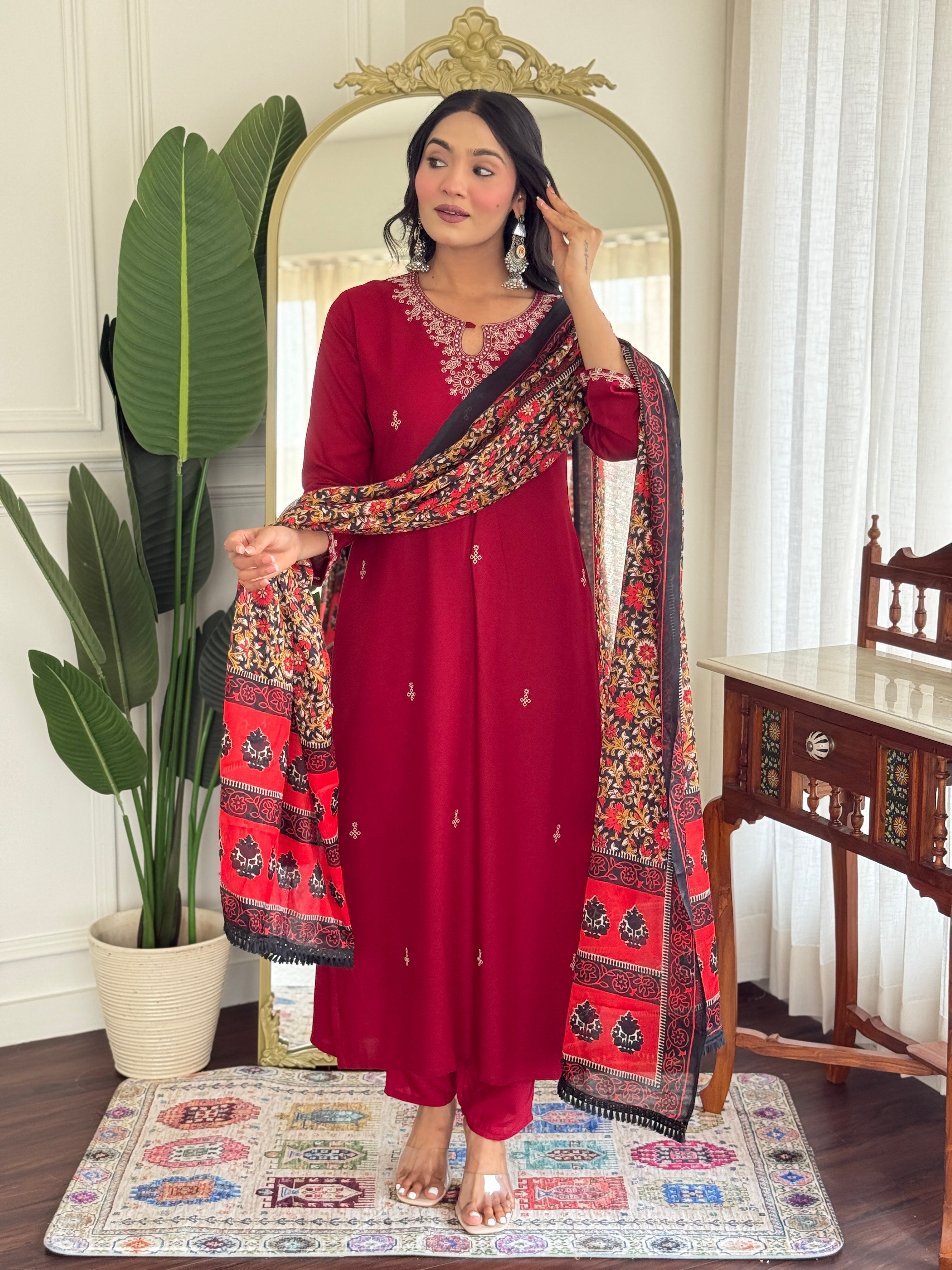 Pure Viscose Rayon Embroidered Straight Kurta Set with Pant & Printed Dupatta