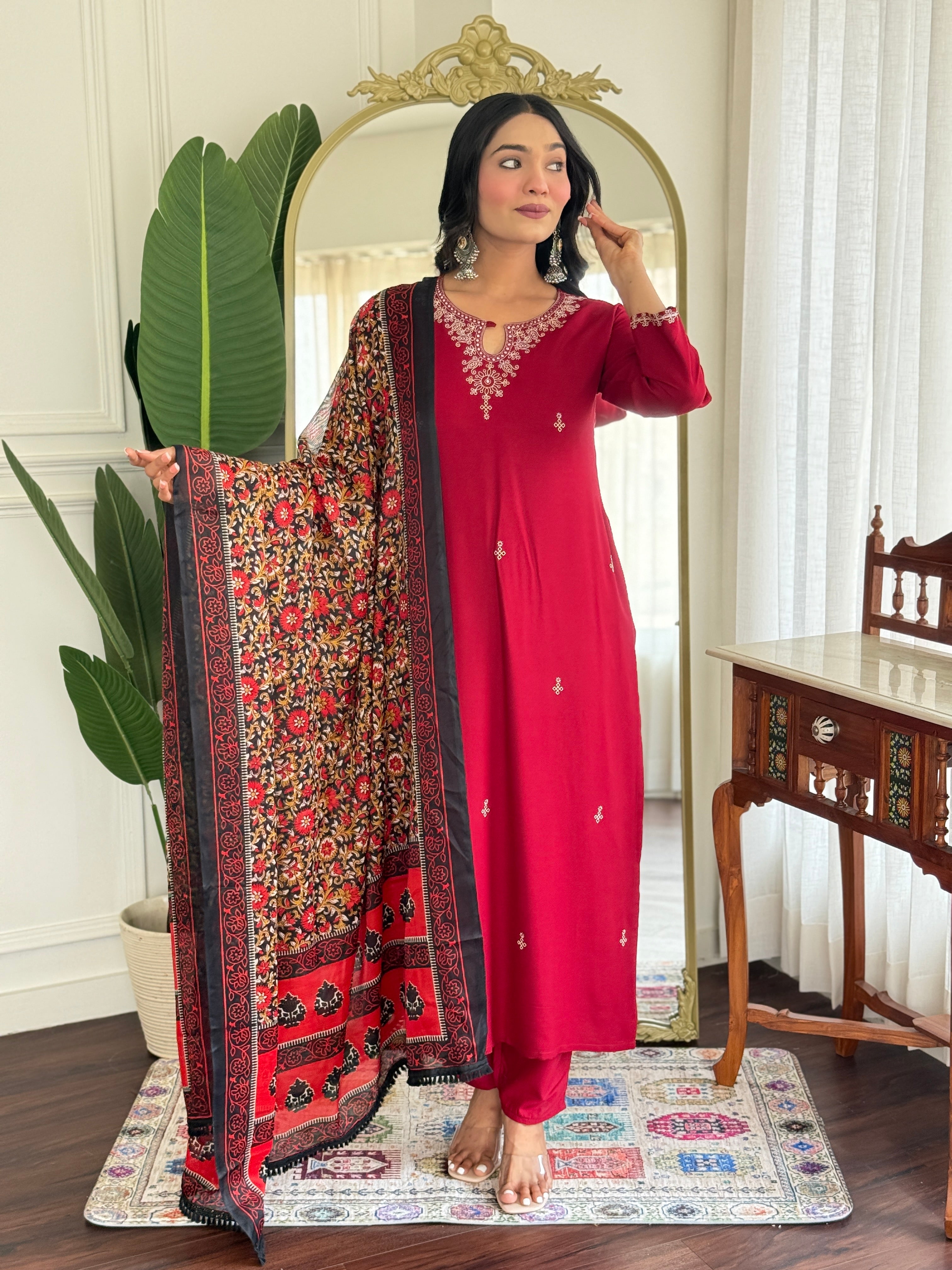 Pure Viscose Rayon Embroidered Straight Kurta Set with Pant & Printed Dupatta