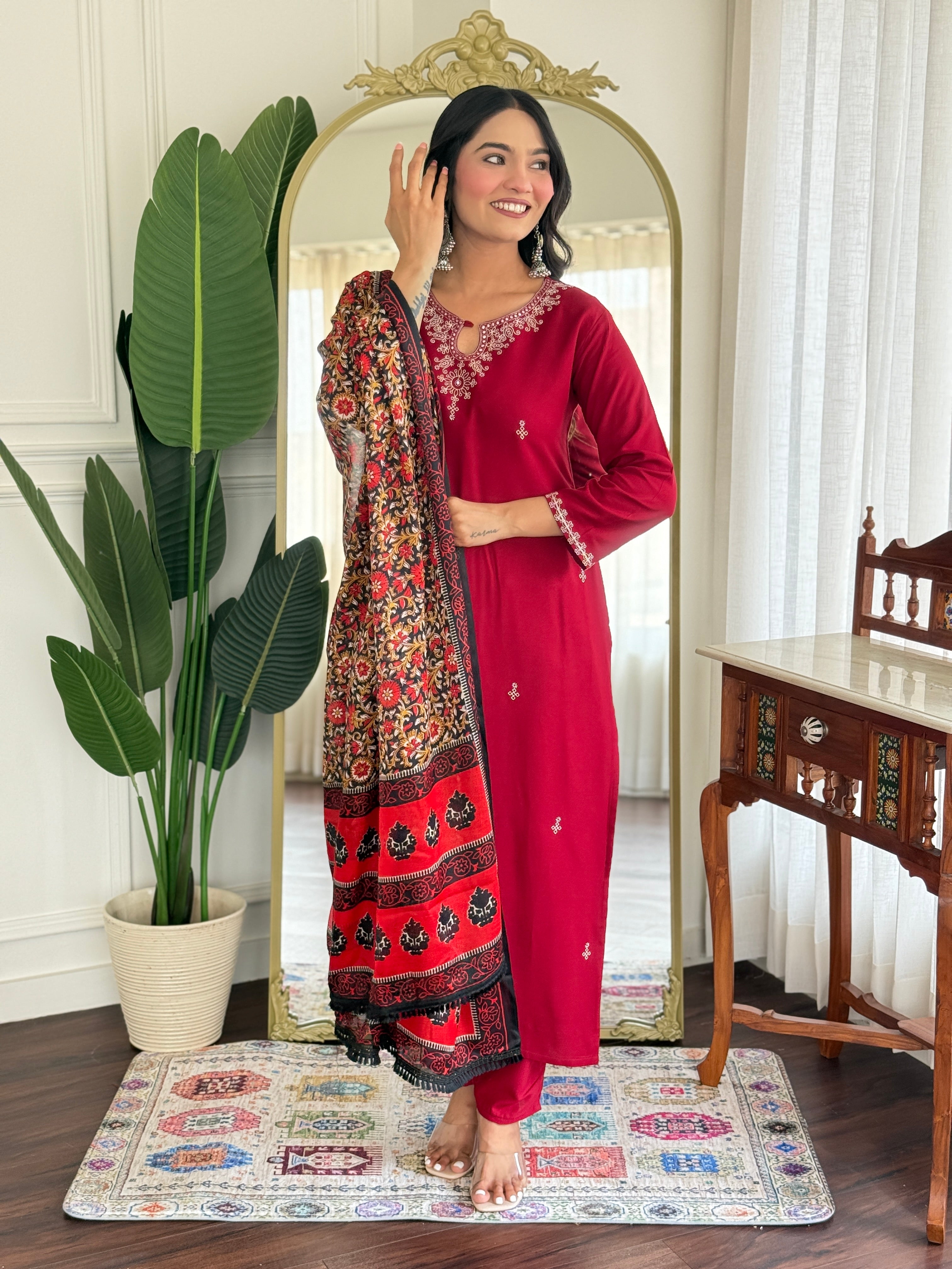 Pure Viscose Rayon Embroidered Straight Kurta Set with Pant & Printed Dupatta