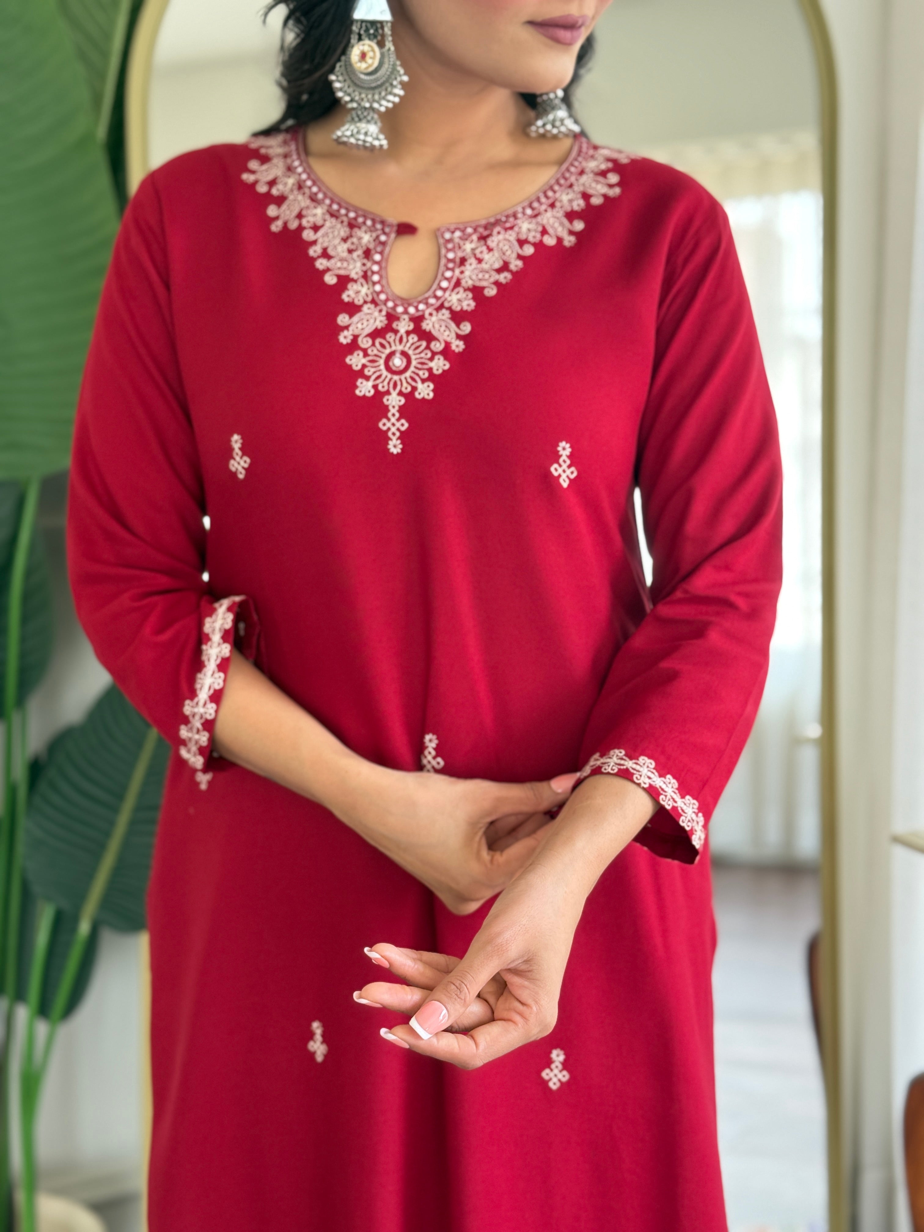 Pure Viscose Rayon Embroidered Straight Kurta Set with Pant & Printed Dupatta