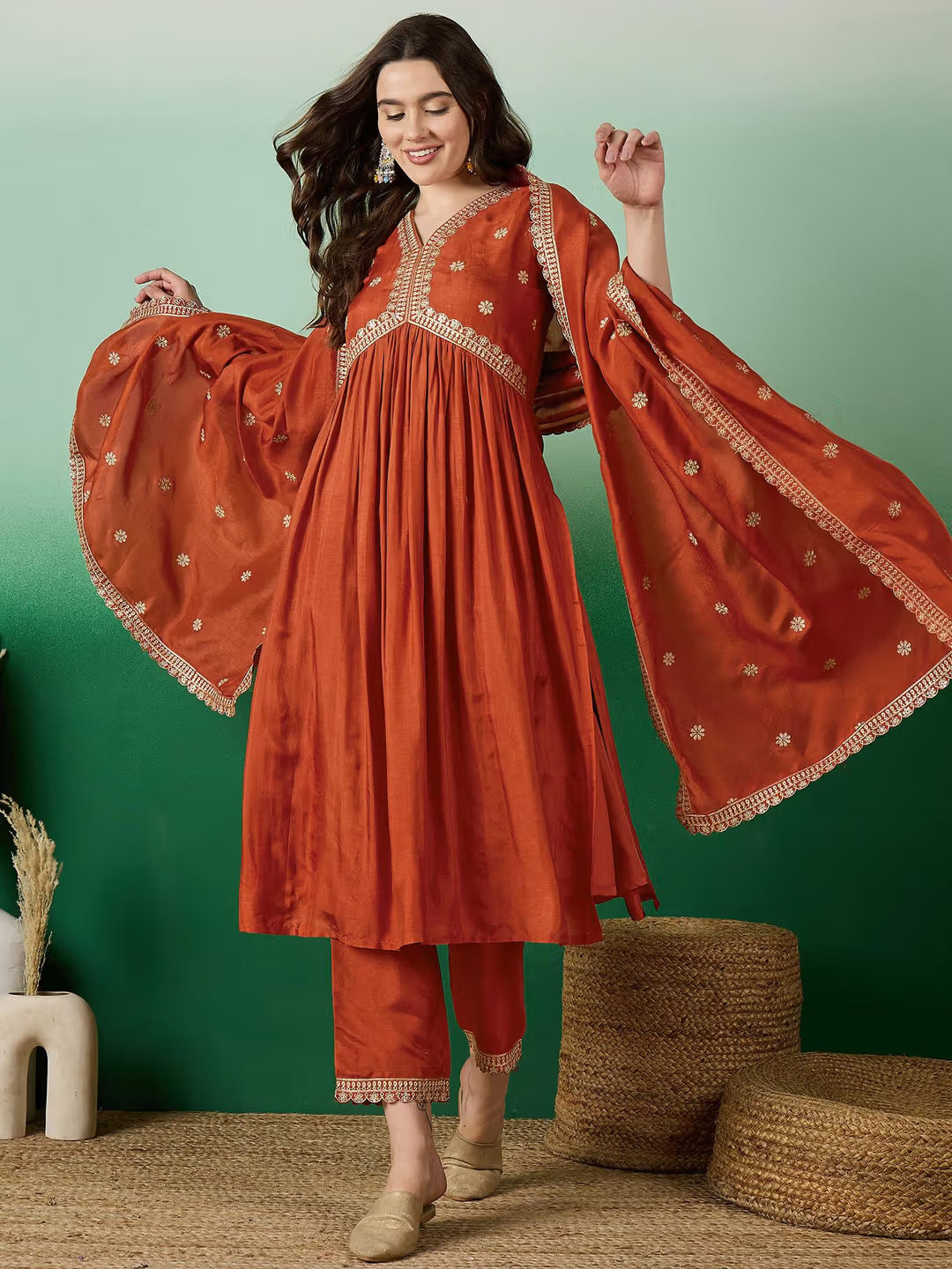 Muslin Silk Embroidered Kurti, Pant & Dupatta Set