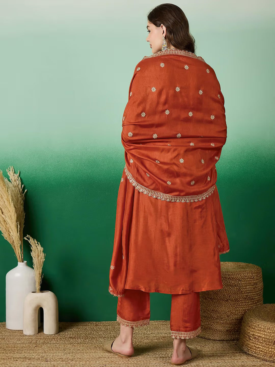 Muslin Silk Embroidered Kurti, Pant & Dupatta Set