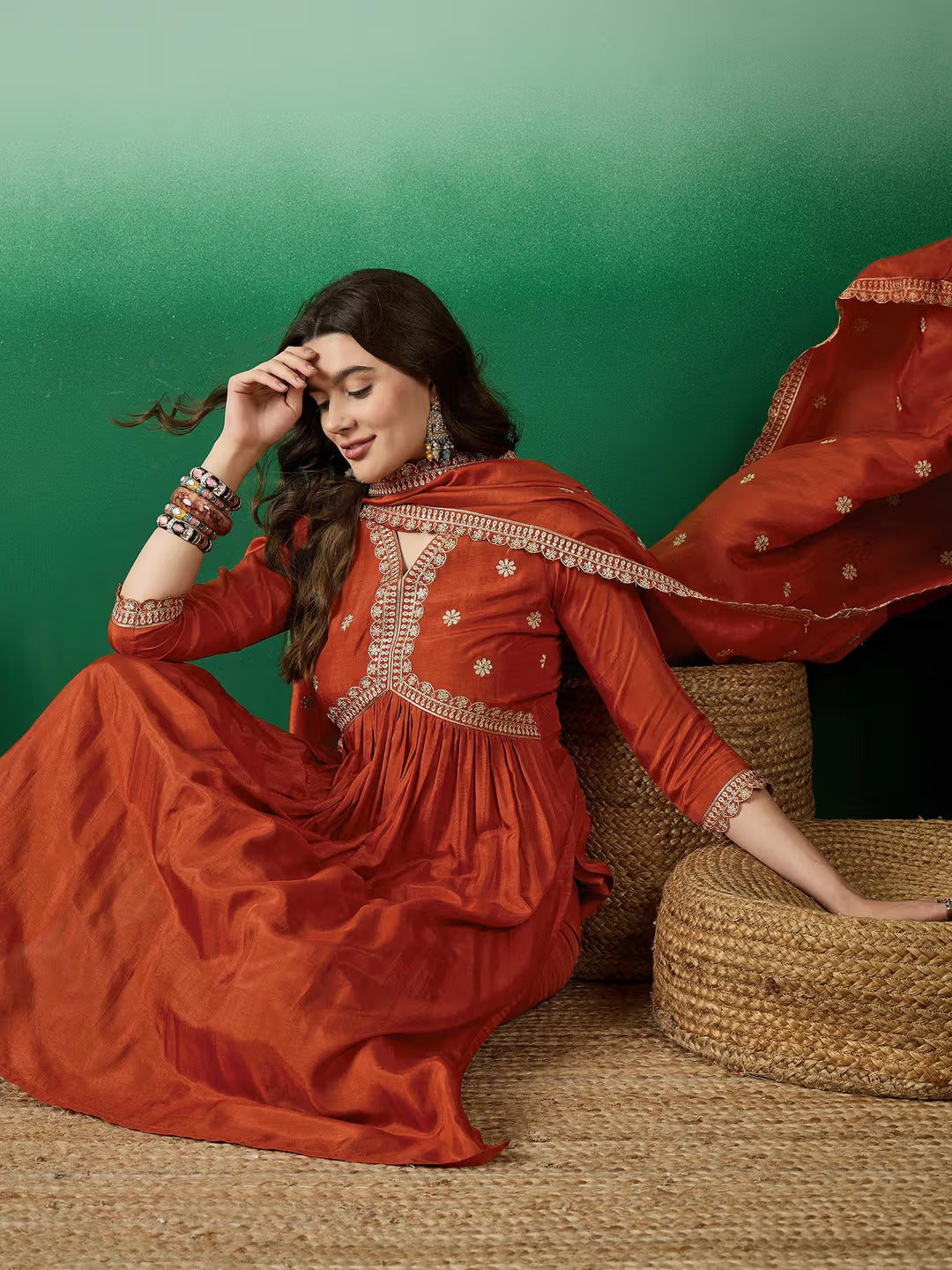 Muslin Silk Embroidered Kurti, Pant & Dupatta Set