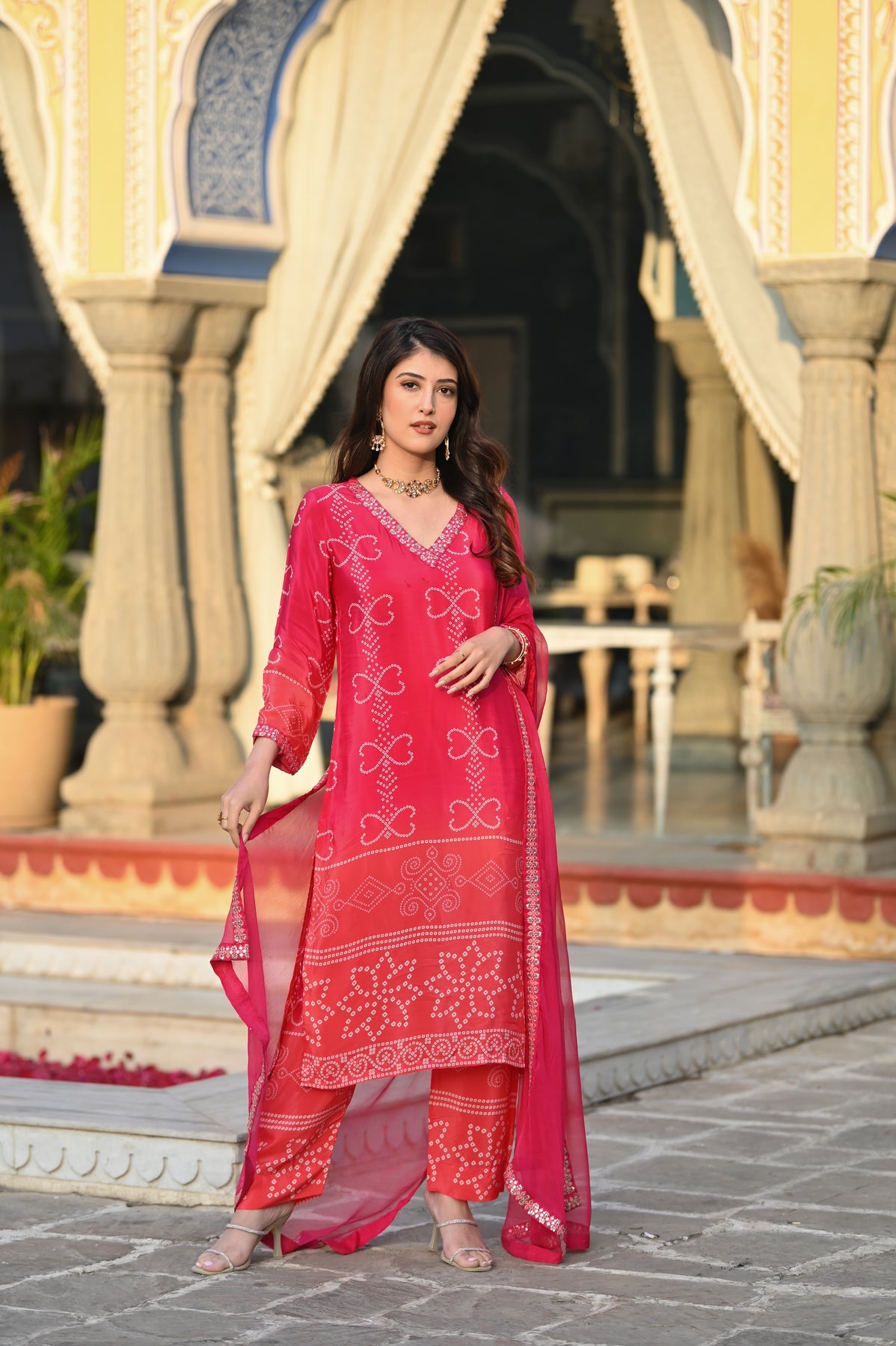 Soft Chinnon Silk Embroidered Suit Set with Nazmeen Dupatta