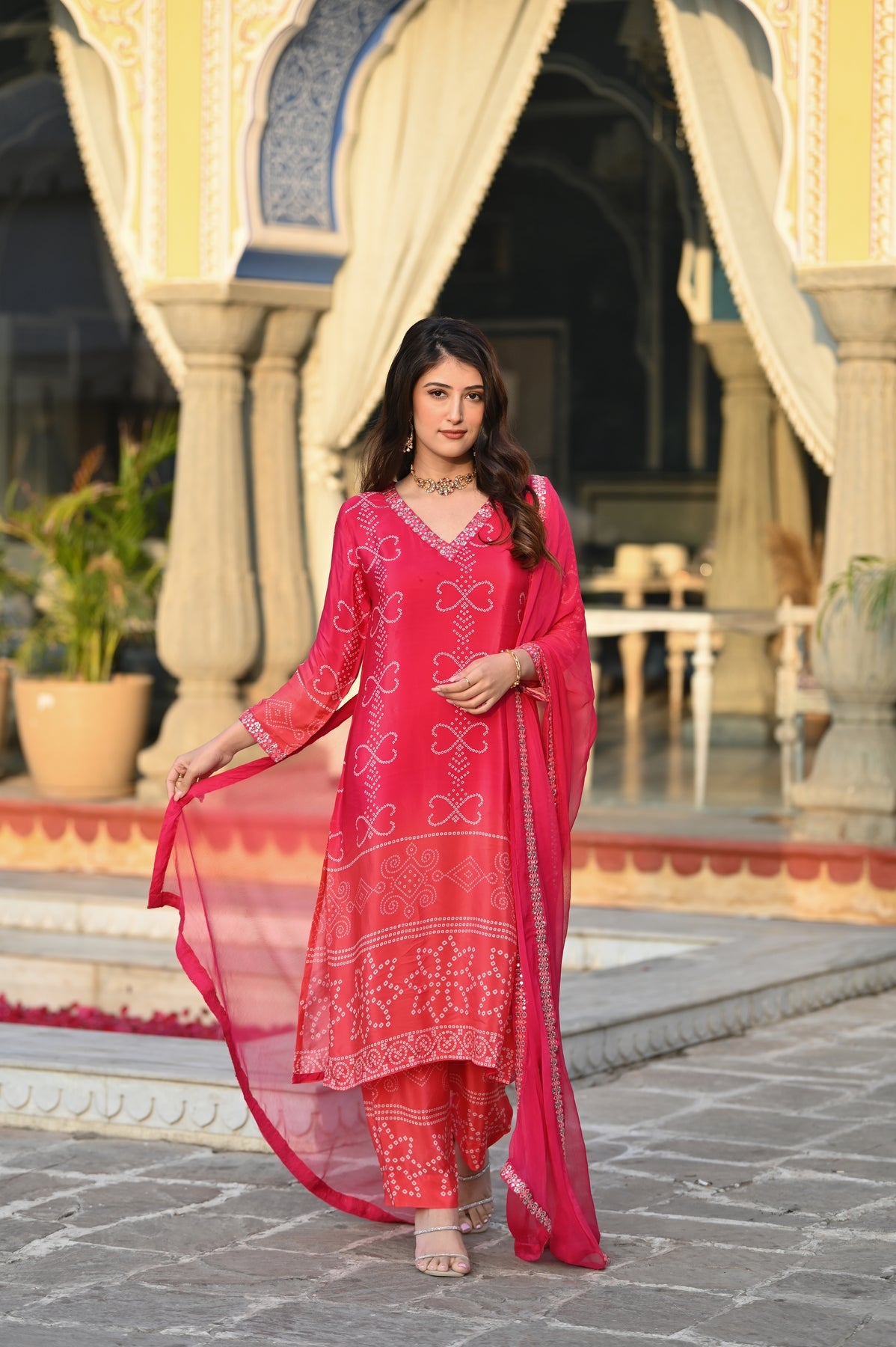 Soft Chinnon Silk Embroidered Suit Set with Nazmeen Dupatta