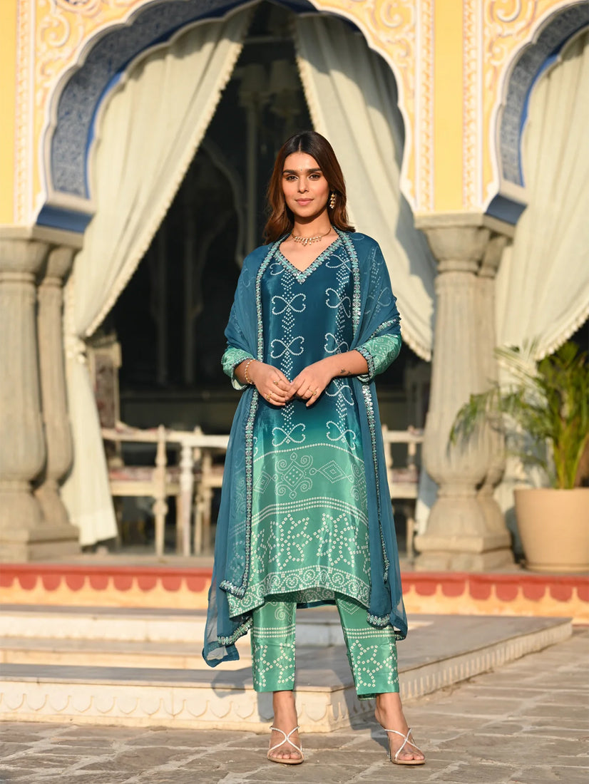 Soft Chinnon Silk Embroidered Suit Set with Nazmeen Dupatta