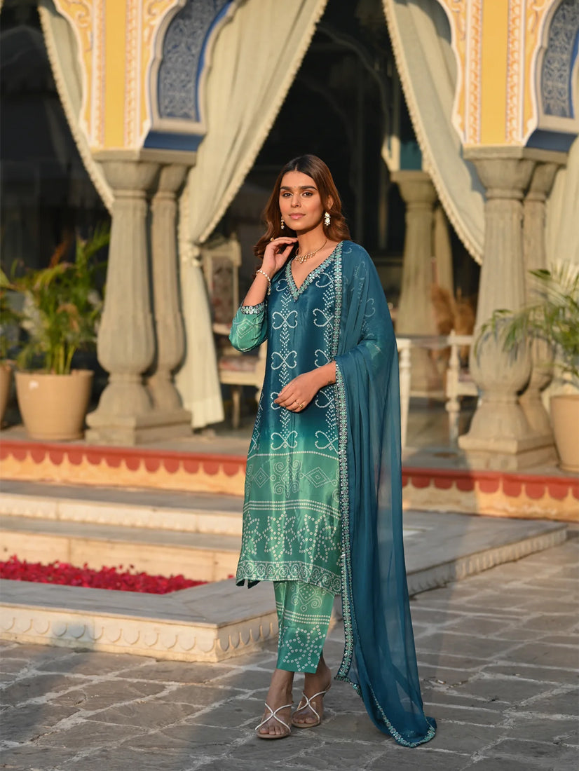 Soft Chinnon Silk Embroidered Suit Set with Nazmeen Dupatta
